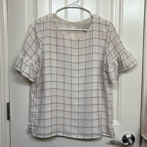 LOFT Cream Plaid Ruffle Sleeve Blouse